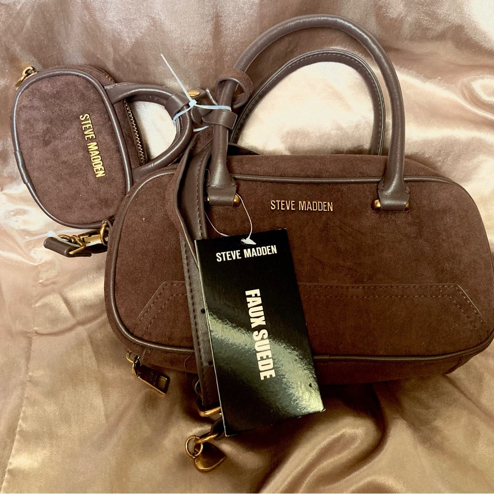 Steve Madden Brown Faux Suede Satchel with Coin Pouch and Top Handles